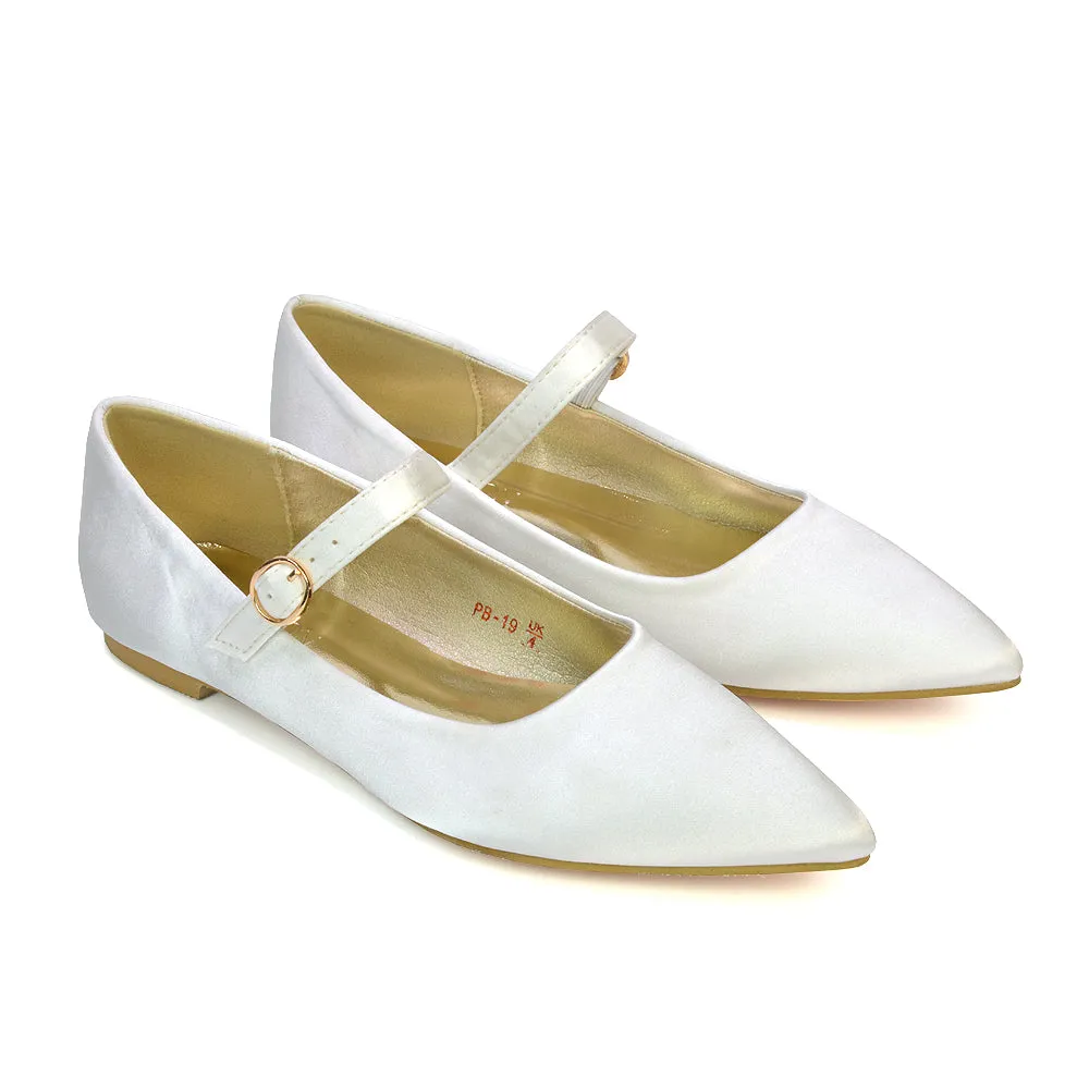 Aimee Pointed Toe Strappy Ballerina Pump Flat Shoes in Ivory Satin