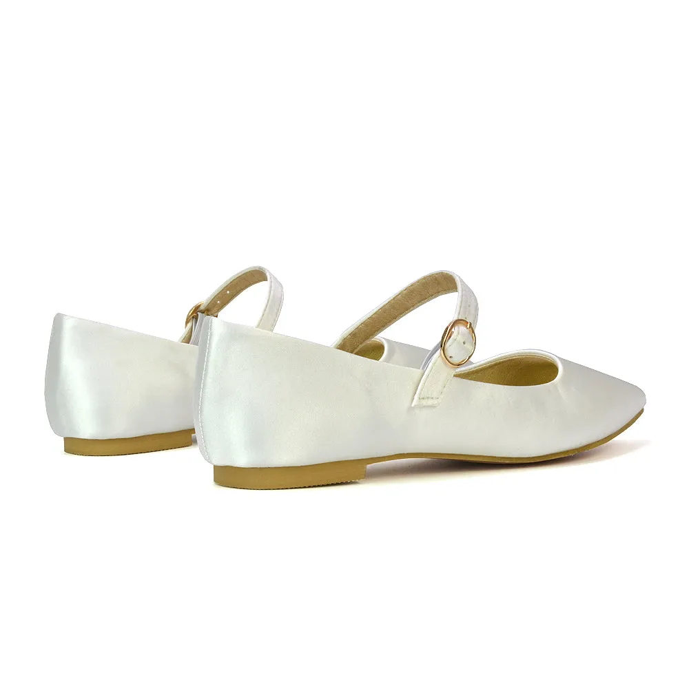 Aimee Pointed Toe Strappy Ballerina Pump Flat Shoes in Ivory Satin