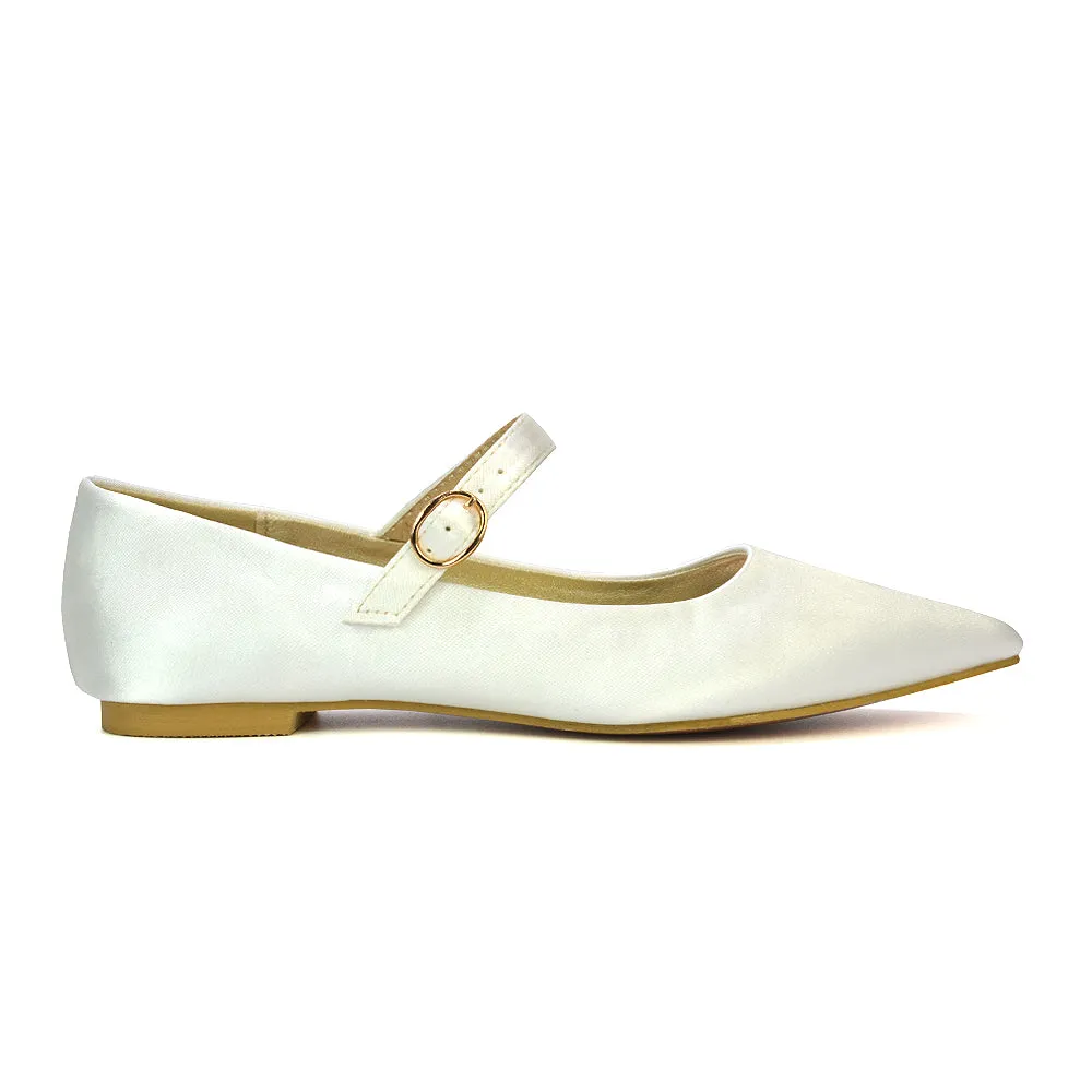 Aimee Pointed Toe Strappy Ballerina Pump Flat Shoes in Ivory Satin