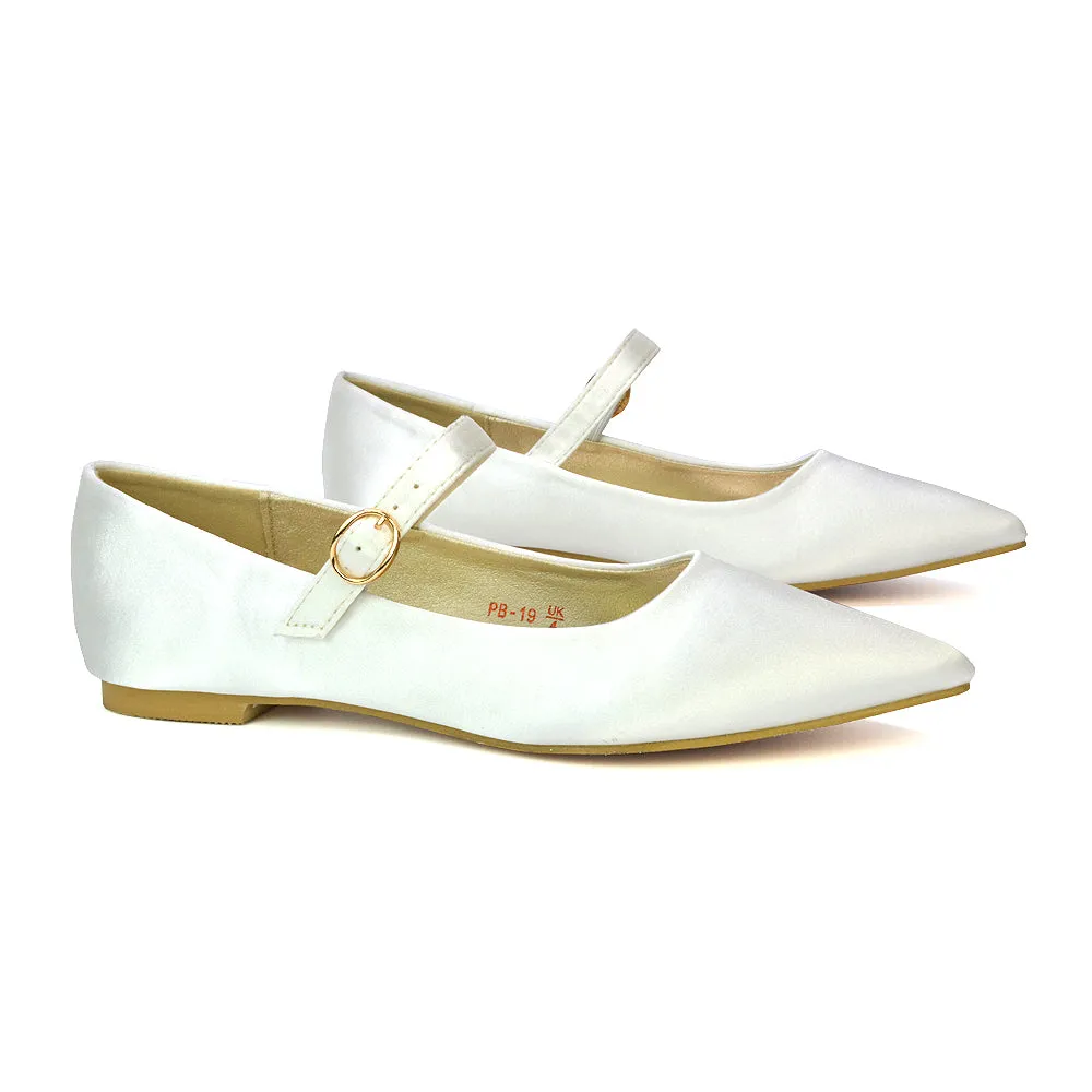 Aimee Pointed Toe Strappy Ballerina Pump Flat Shoes in Ivory Satin