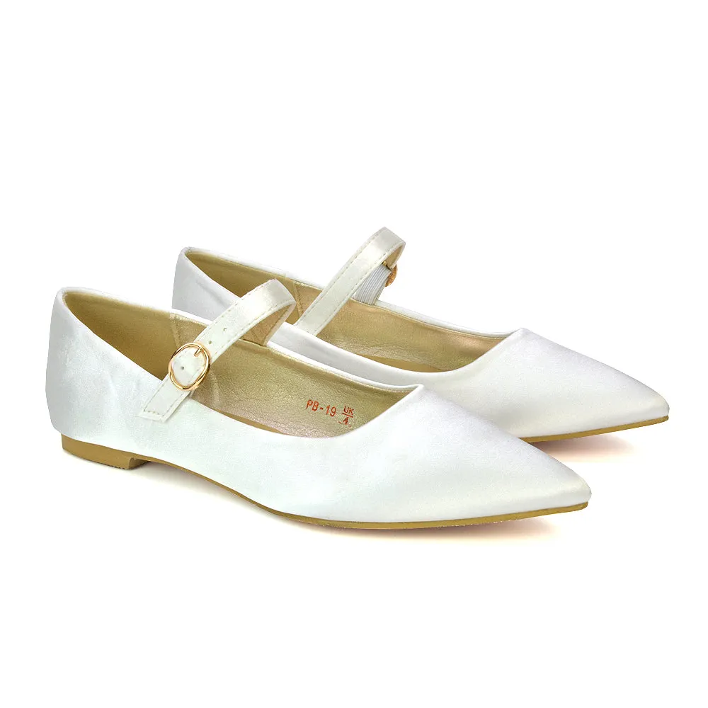 Aimee Pointed Toe Strappy Ballerina Pump Flat Shoes in Ivory Satin