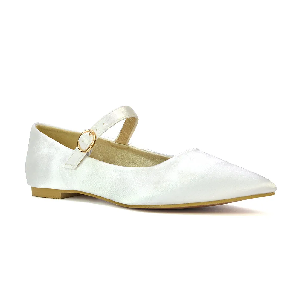 Aimee Pointed Toe Strappy Ballerina Pump Flat Shoes in Ivory Satin