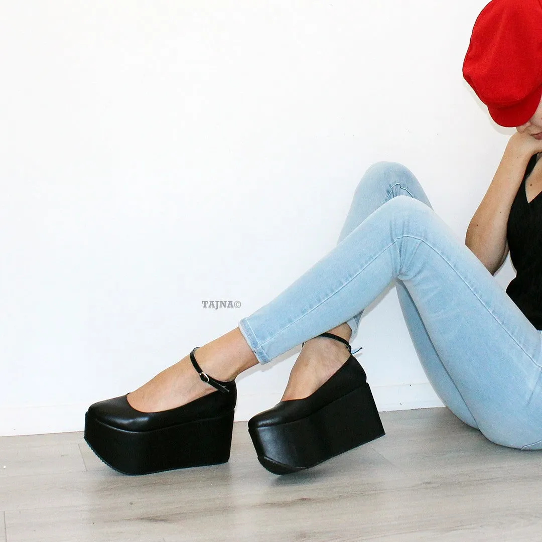 Ankle Strap Black Flat Wedge Platform Shoes