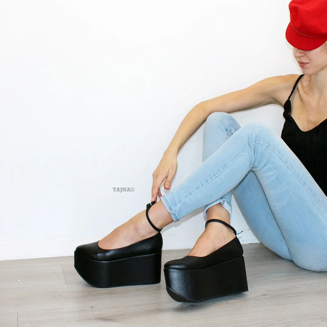 Ankle Strap Black Flat Wedge Platform Shoes