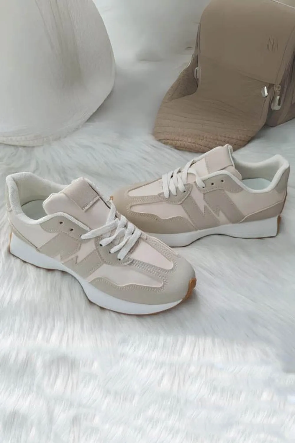 BEIGE CHUNKY DESIGNER LACE UP SNEAKERS TRAINERS