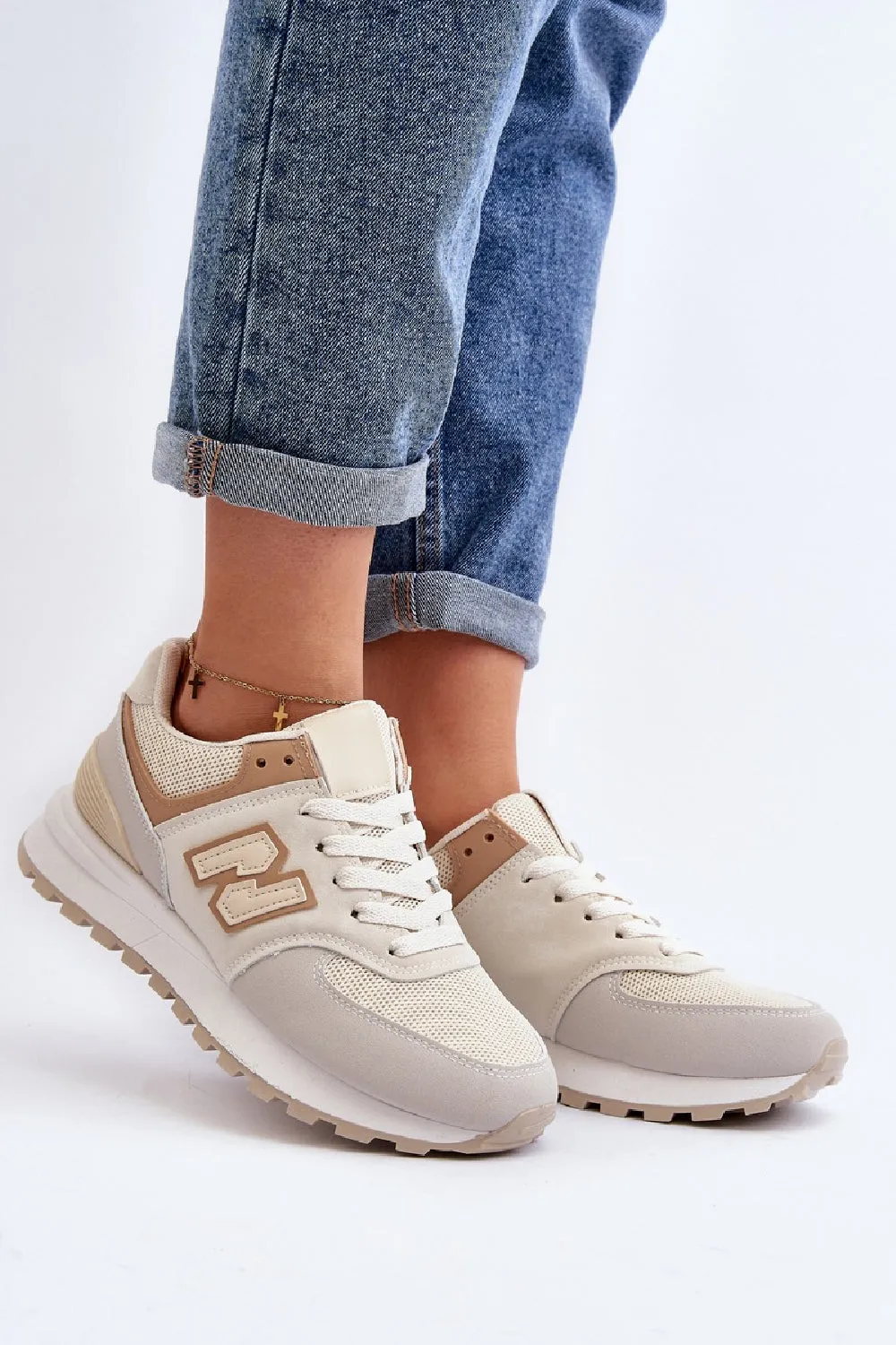 BEIGE LACE UP SIDE DETAIL CHUNKY FASHION DESIGNER TRAINERS