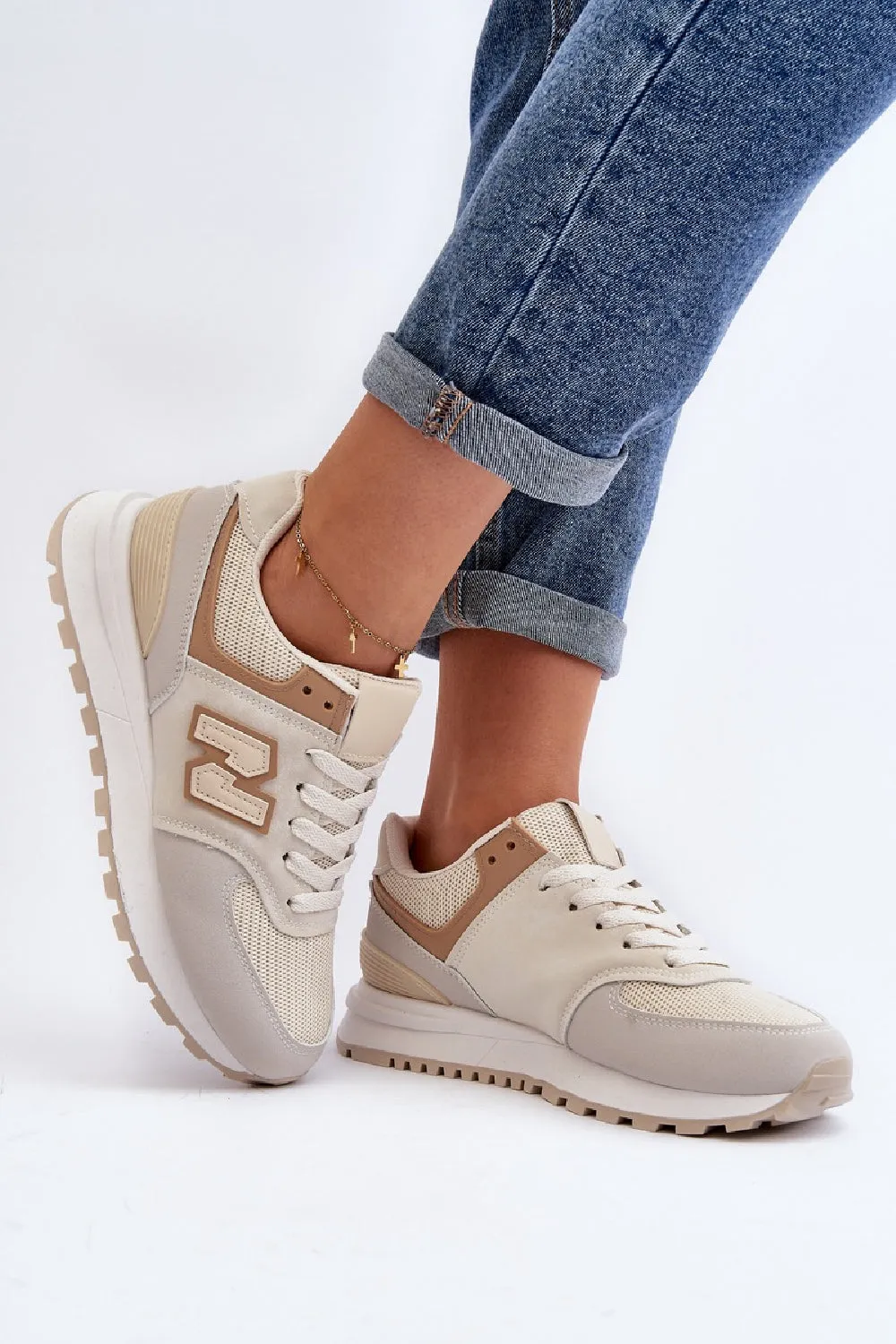 BEIGE LACE UP SIDE DETAIL CHUNKY FASHION DESIGNER TRAINERS