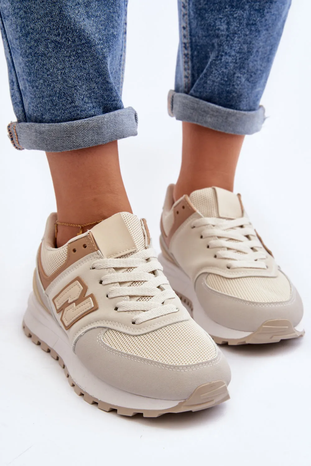 BEIGE LACE UP SIDE DETAIL CHUNKY FASHION DESIGNER TRAINERS