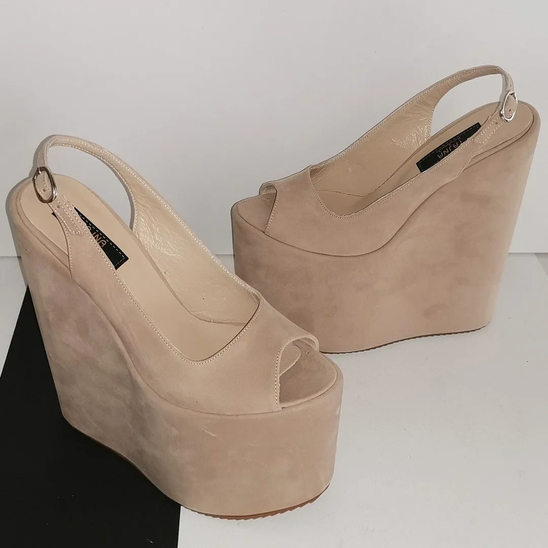 Beige Open Back Peep Toe Wedge Sandals