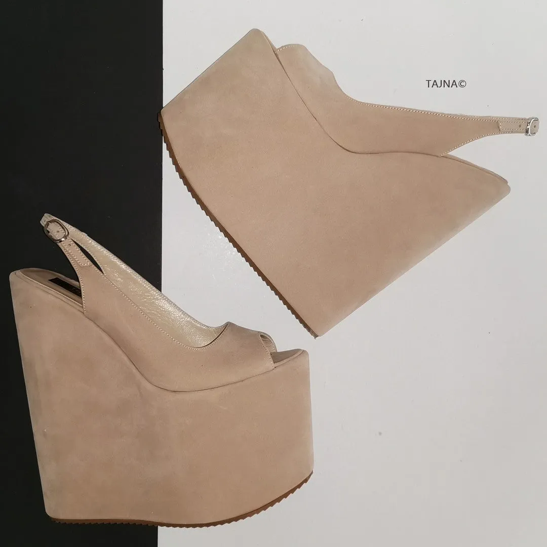 Beige Open Back Peep Toe Wedge Sandals