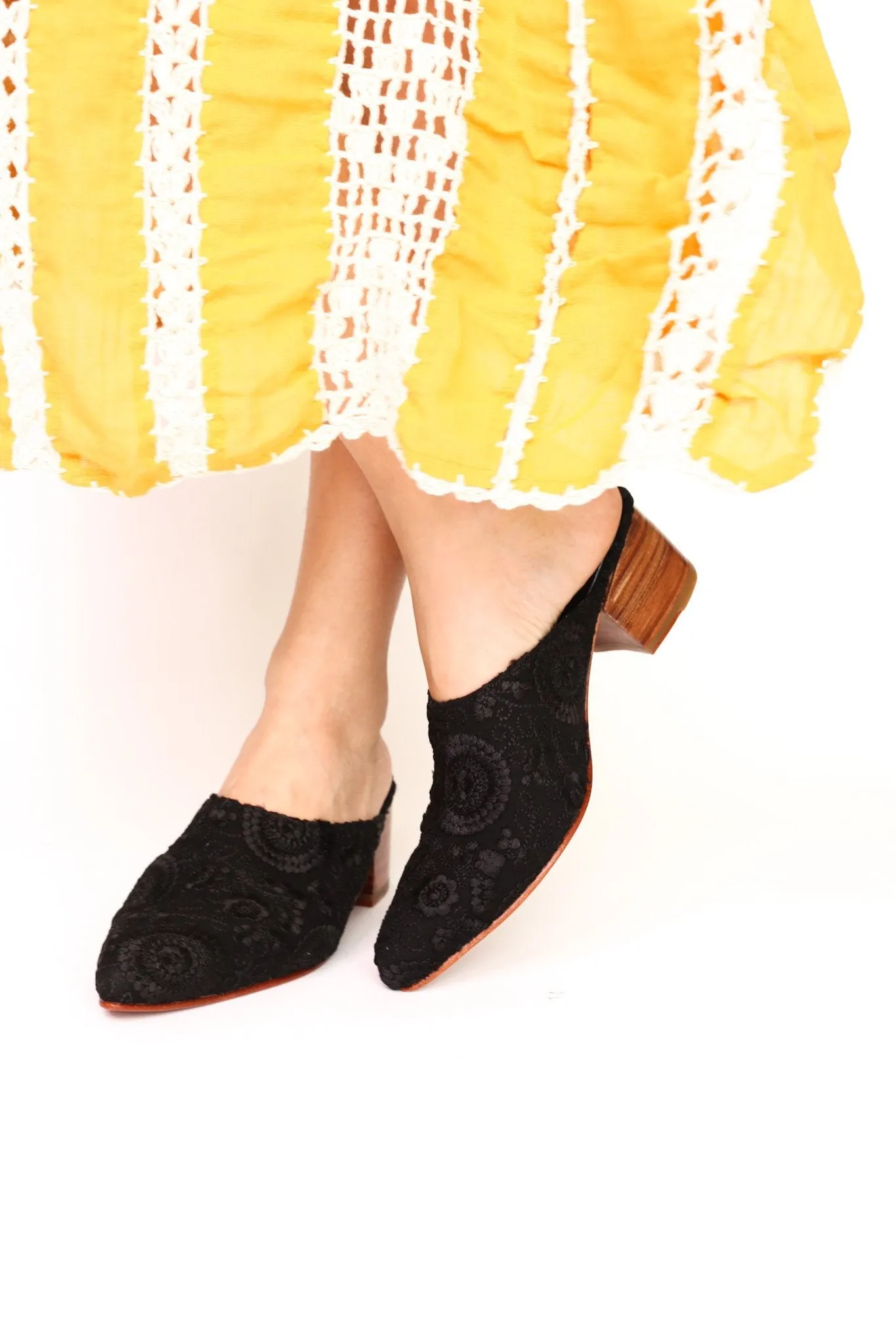 BLACK EMBROIDERED HEELED MULES X NEIMAN MARCUS