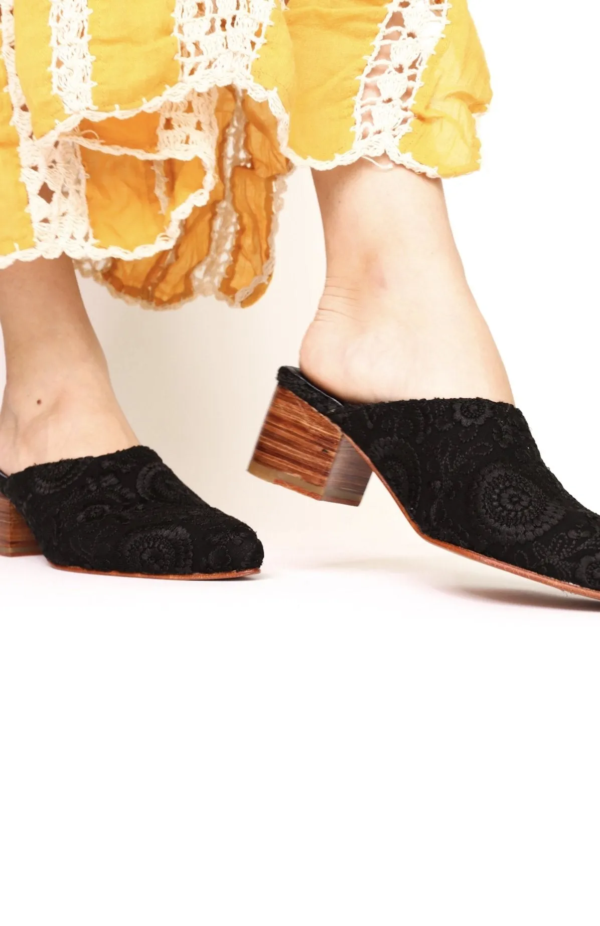 BLACK EMBROIDERED HEELED MULES X NEIMAN MARCUS