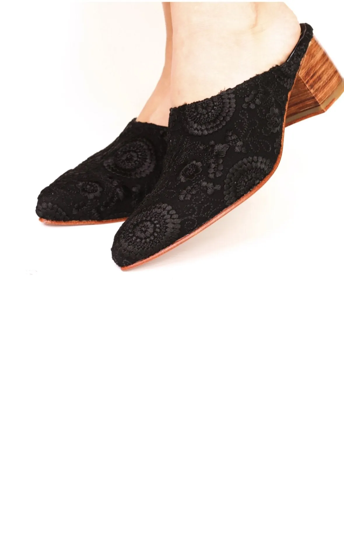 BLACK EMBROIDERED HEELED MULES X NEIMAN MARCUS