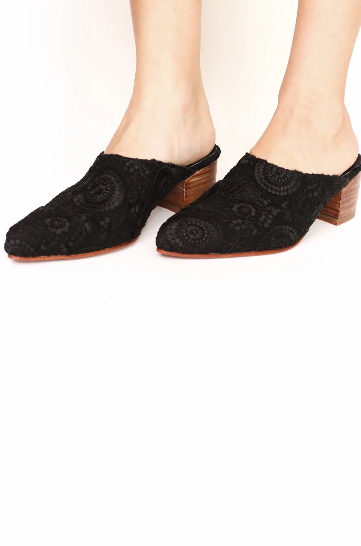 BLACK EMBROIDERED HEELED MULES X NEIMAN MARCUS