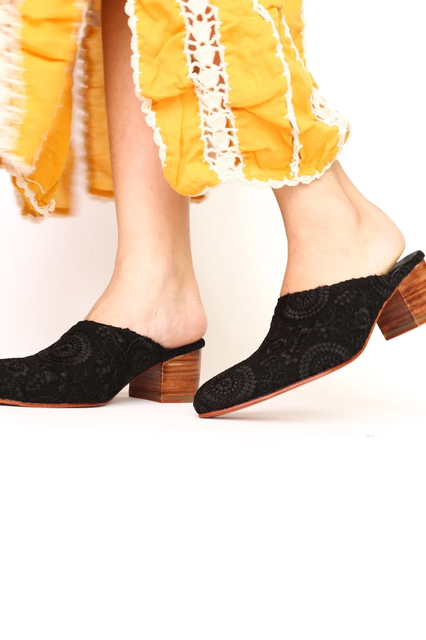 BLACK EMBROIDERED HEELED MULES X NEIMAN MARCUS