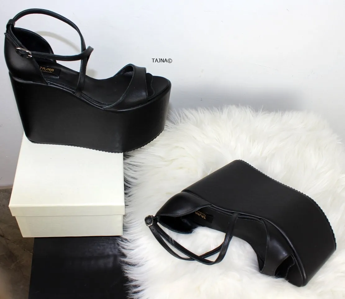 Black Flat-form Ankle Strap Wedges