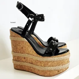 Black Gloss Studs Cork Wedge Sandals