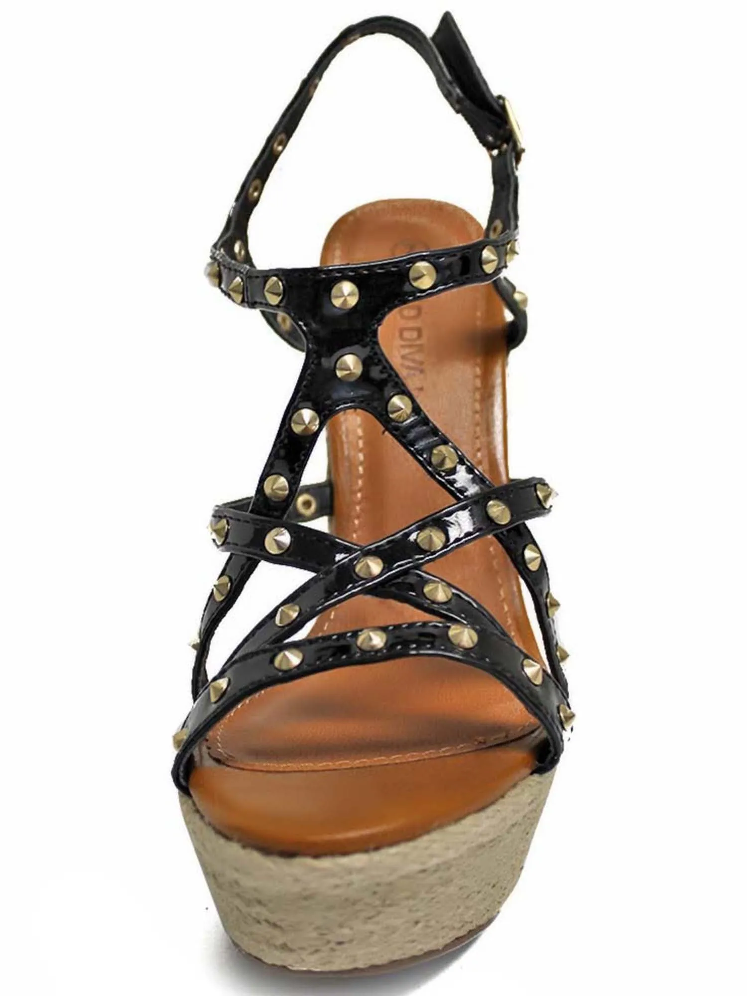 Black Gold Studded Strappy Wedge Sandals Size 7.5