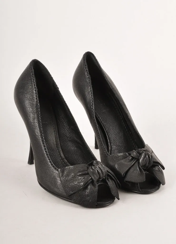 Black Leather Peep Toe Bow Pumps