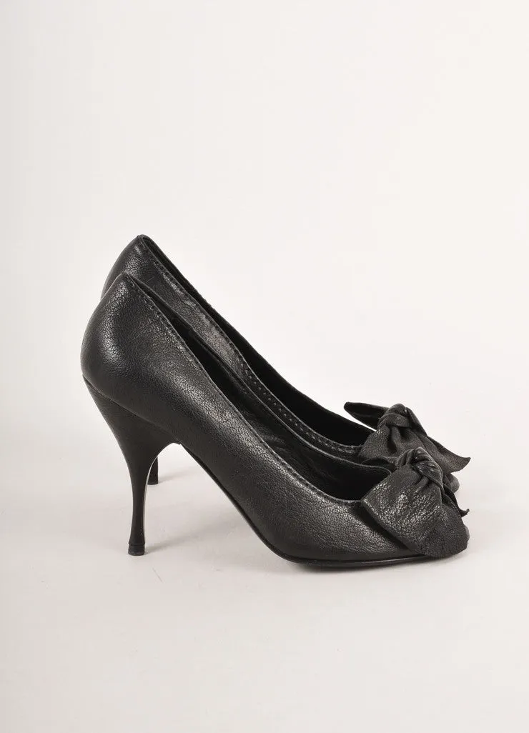 Black Leather Peep Toe Bow Pumps