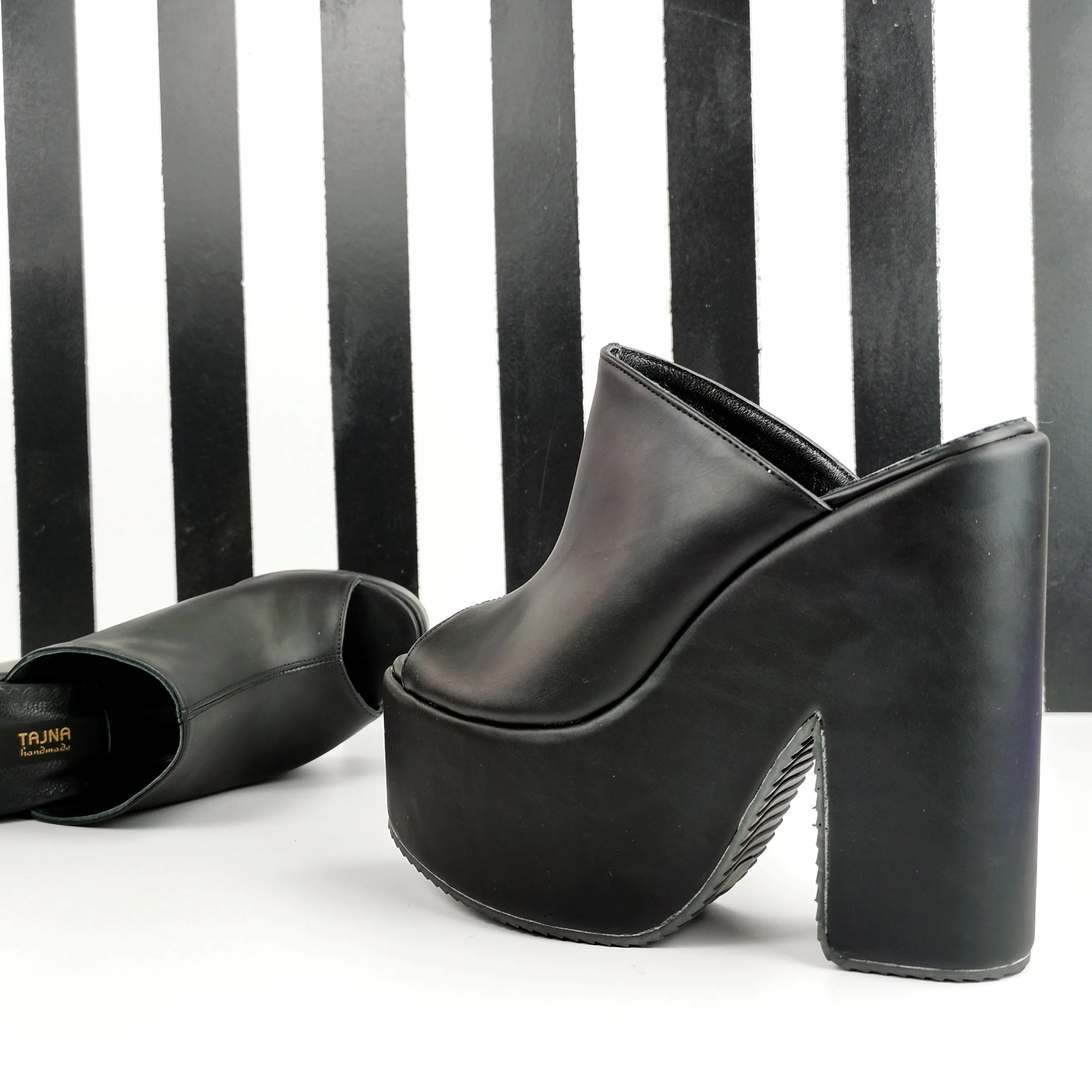 Black Matte Open Toe Wedge Platform Mules