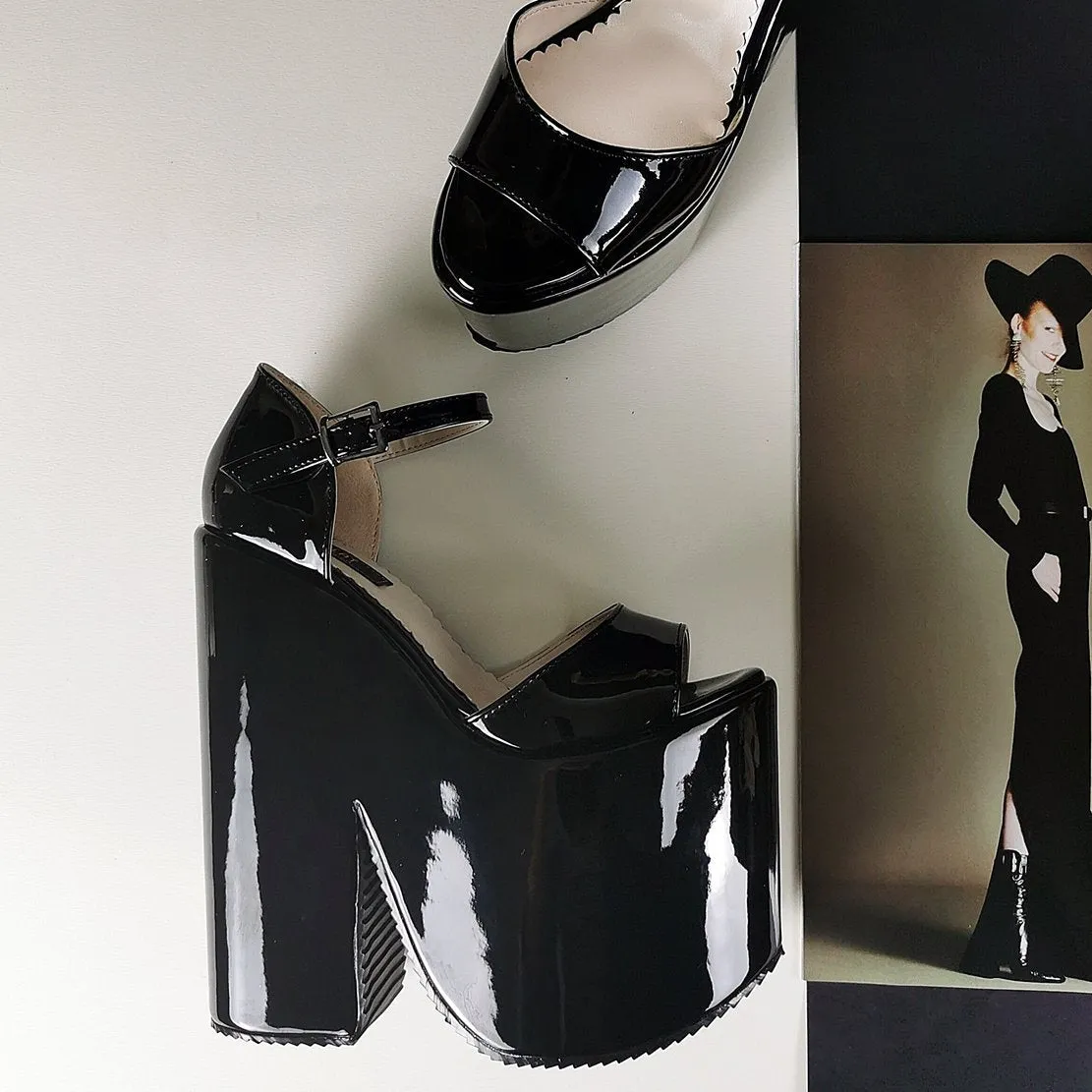 Black Patent Extreme Heel Strap Wedge Shoes