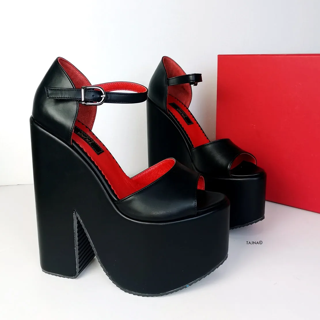 Black Red Ankle Strap Peep Toe Wedges