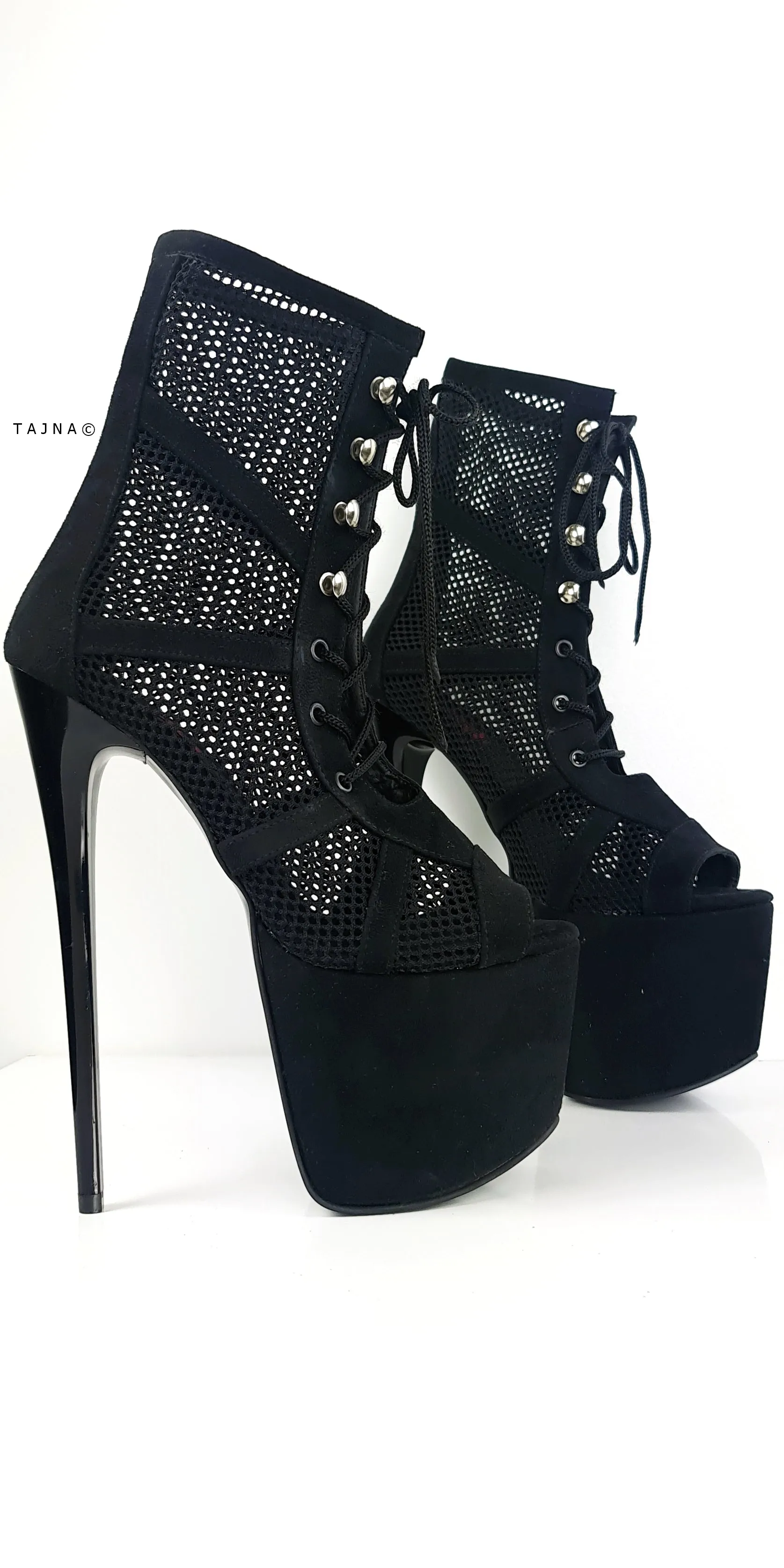 Black Suede Fishnet Lace Up Ankle Boots