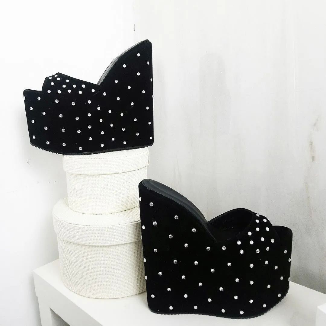 Black Suede Gem Stone Platform Wedge Mules