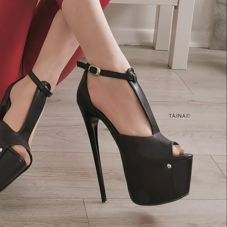 Black T Strap Peep Toe Platform Pumps