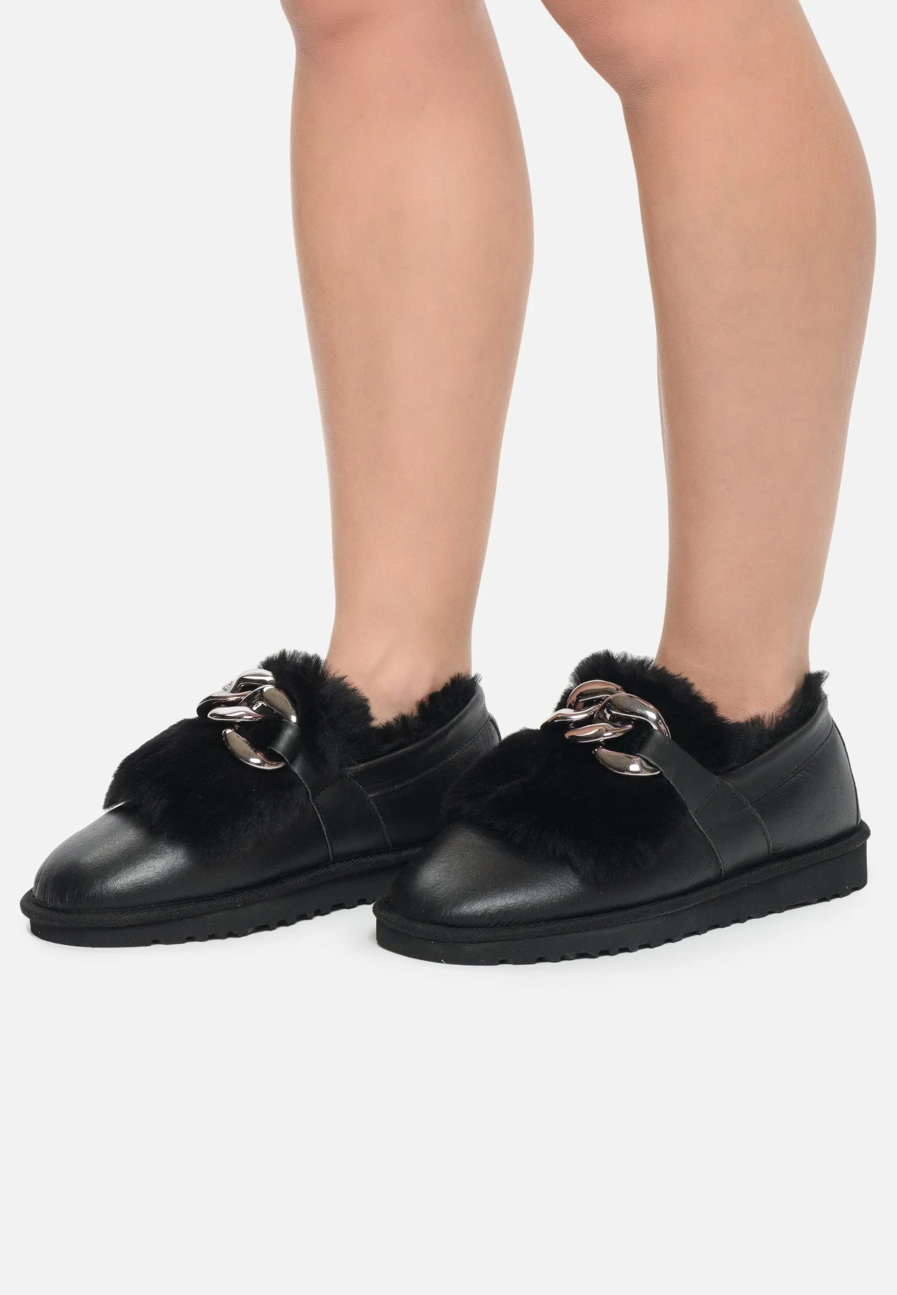 Chain Fur Lined Loafers - Black