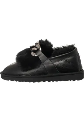 Chain Fur Lined Loafers - Black