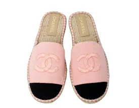 Chanel Pink Denim Interlocking CC Logo Espadrille Mules