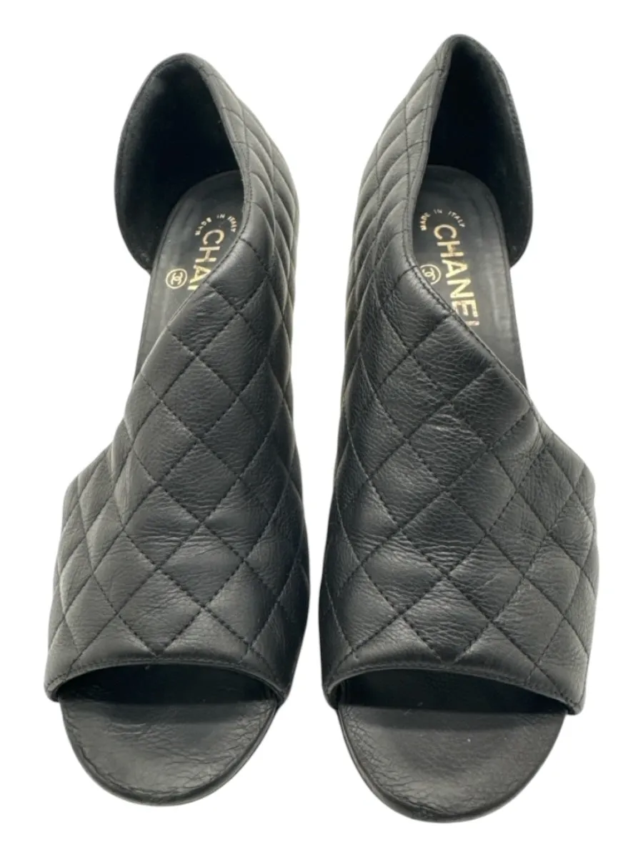 Chanel Shoe Size 41 Black Leather Metallic Heel Quilted Bootie Peep Toe Pumps