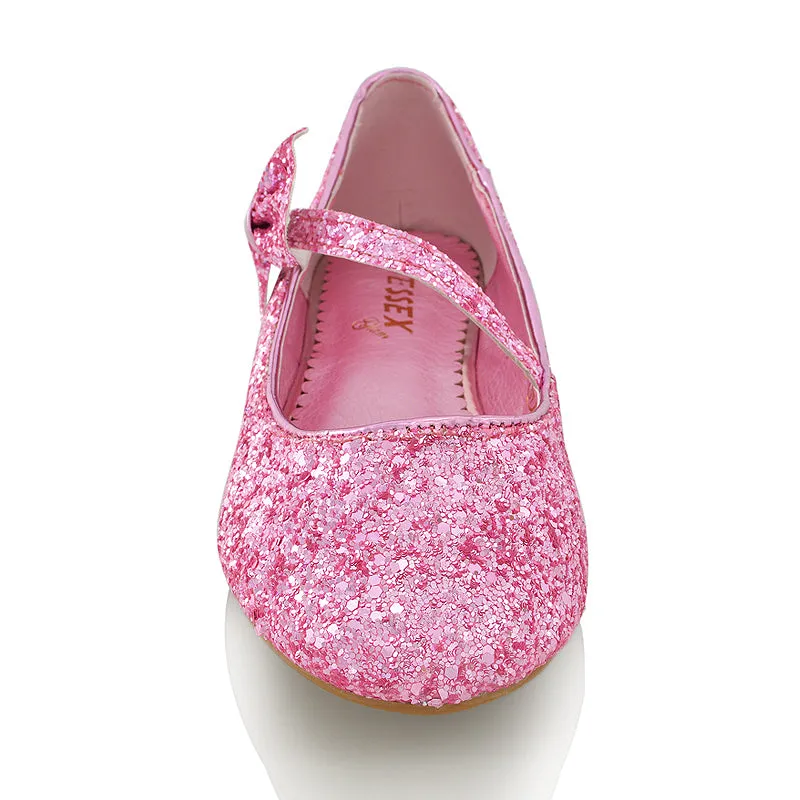 COLETTE FLAT LOW HEEL STRAPPY WITH BOW DETAILING BALLERINA PUMP SHOES IN PINK GLITTER