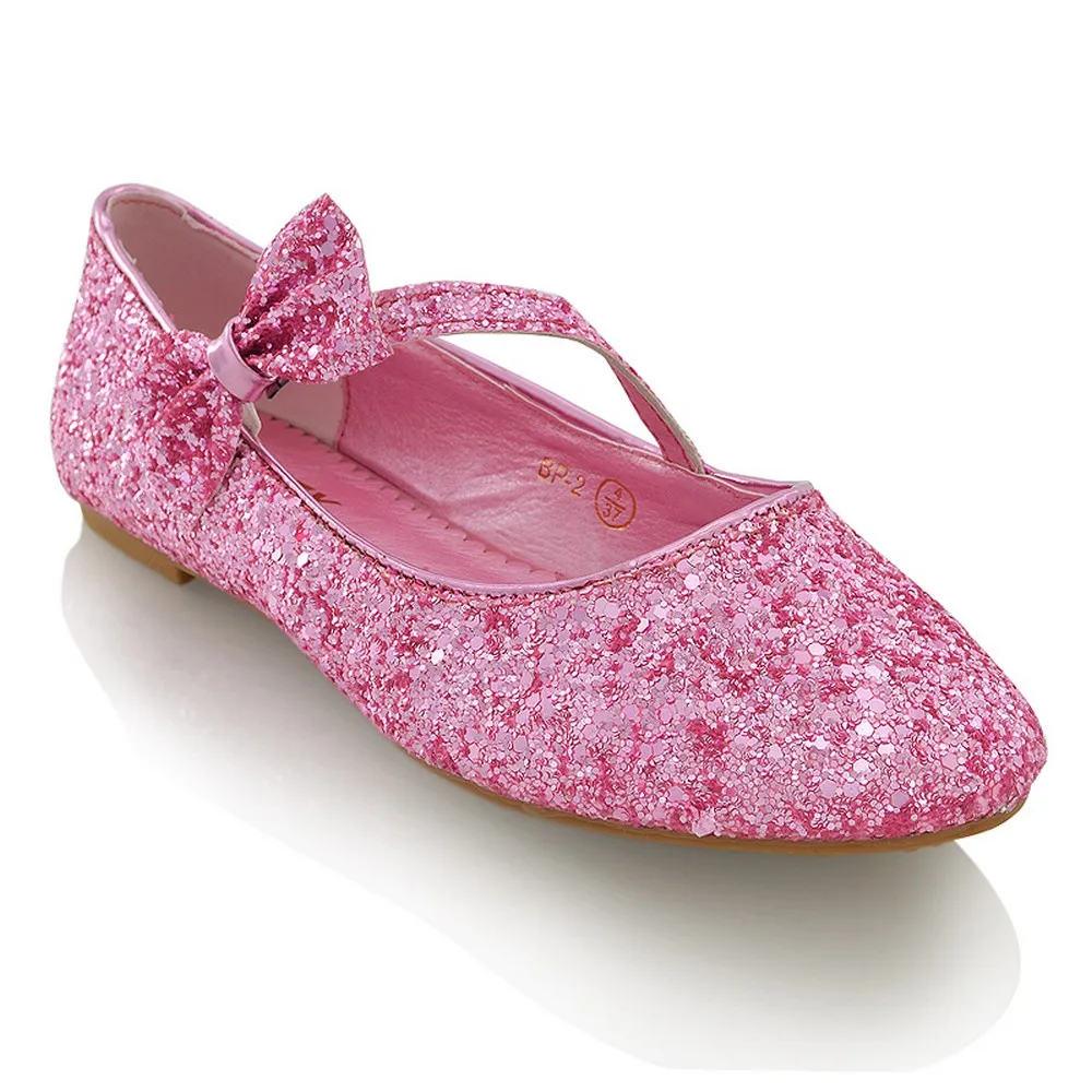 COLETTE FLAT LOW HEEL STRAPPY WITH BOW DETAILING BALLERINA PUMP SHOES IN PINK GLITTER