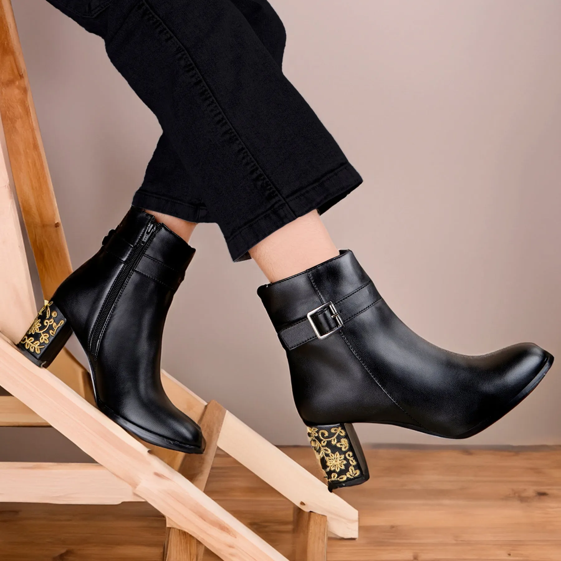 Embroidered Heels Buckle and Zipper Ankle Boots for Women