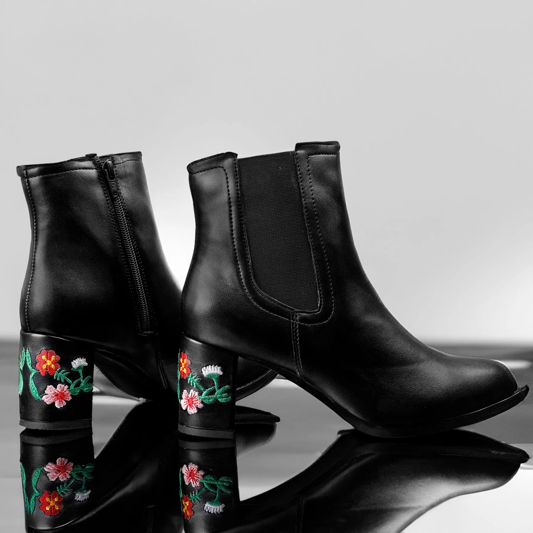 Embroidered Heels Buckle and Zipper Ankle Boots for Women