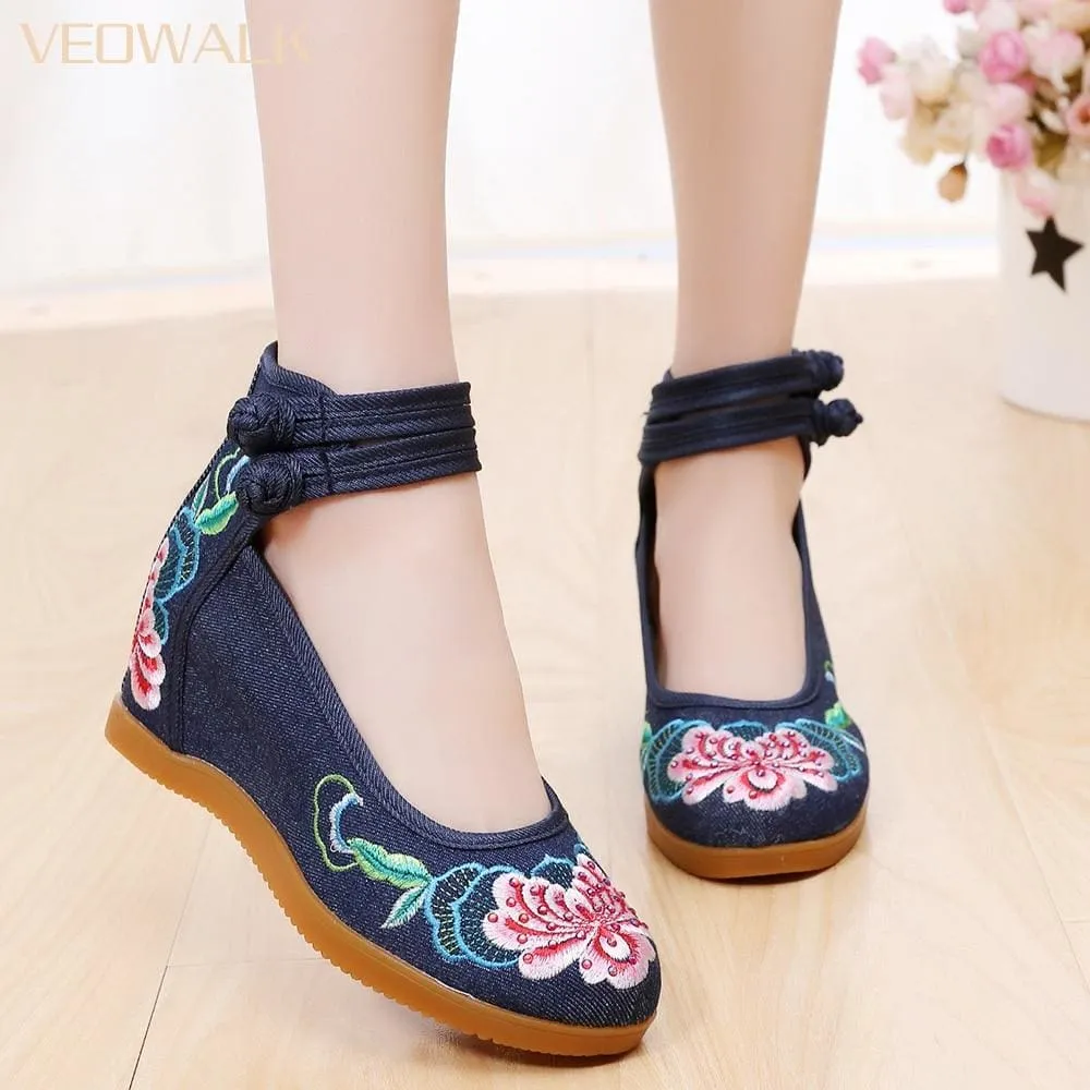 Flower Embroidered Ankle Strap Ladies Denim Cotton Wedged Canvas Shoes