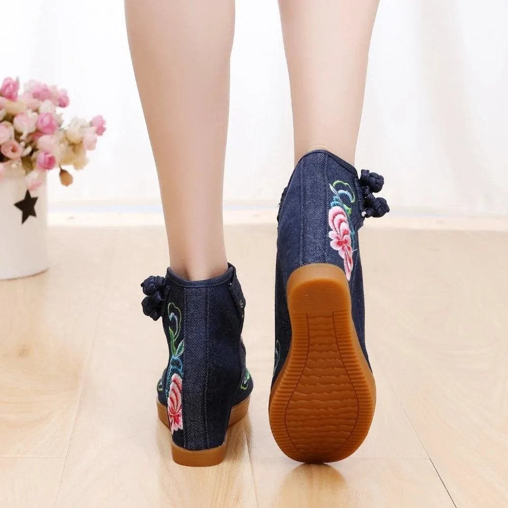 Flower Embroidered Ankle Strap Ladies Denim Cotton Wedged Canvas Shoes