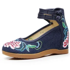 Flower Embroidered Ankle Strap Ladies Denim Cotton Wedged Canvas Shoes