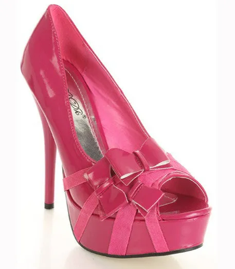 Fuchsia Patent Faux Leather Ribbon Bow Design Peep Toe Heels