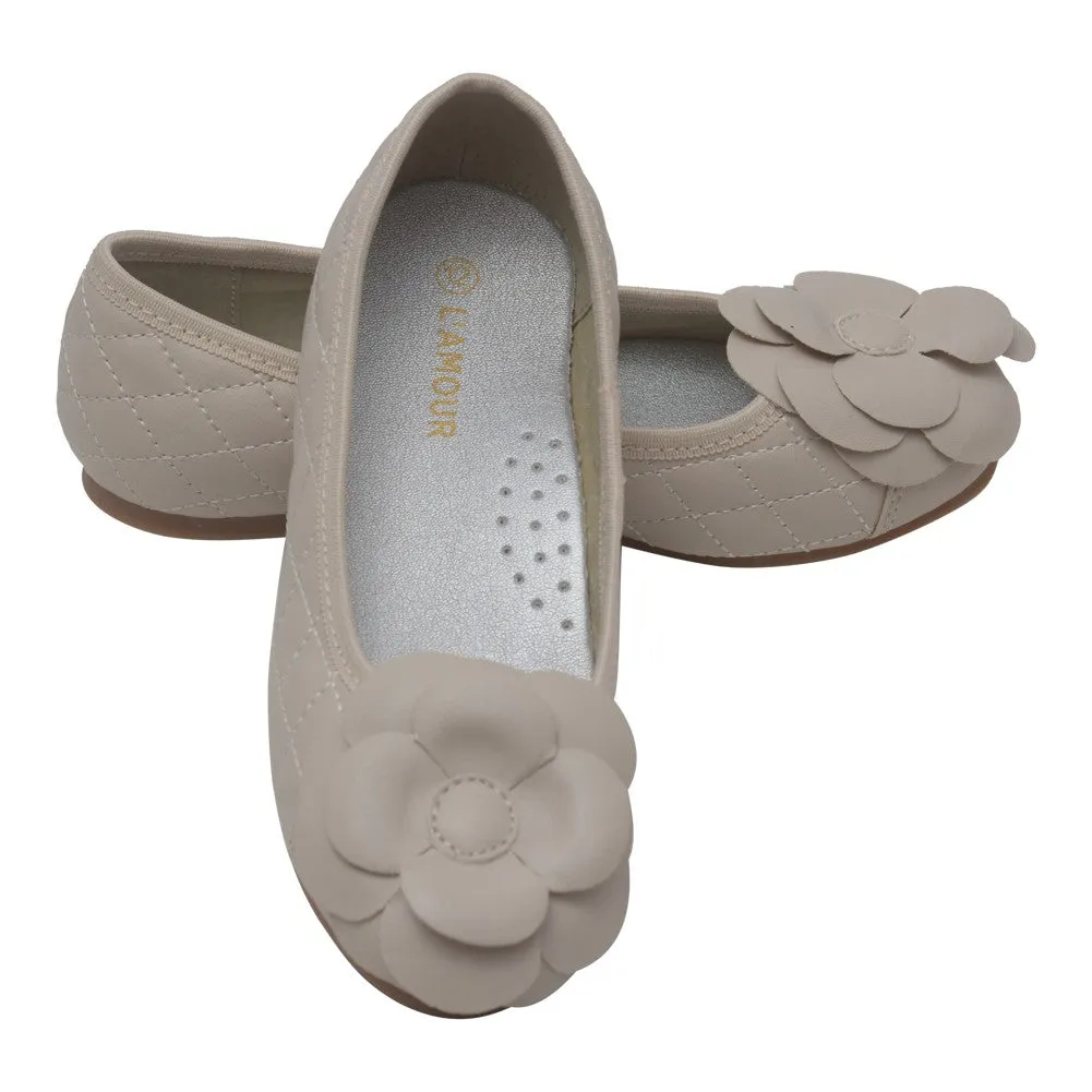 Girls Cream Quilted Flower Ballet Trendy Flats 11-4 Kids