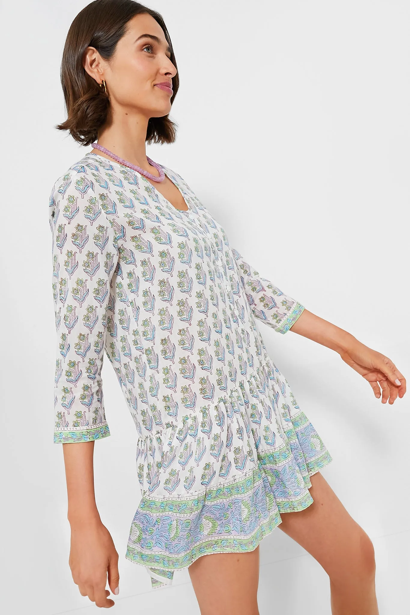 Green Turquoise Print Popover Flounce Dress