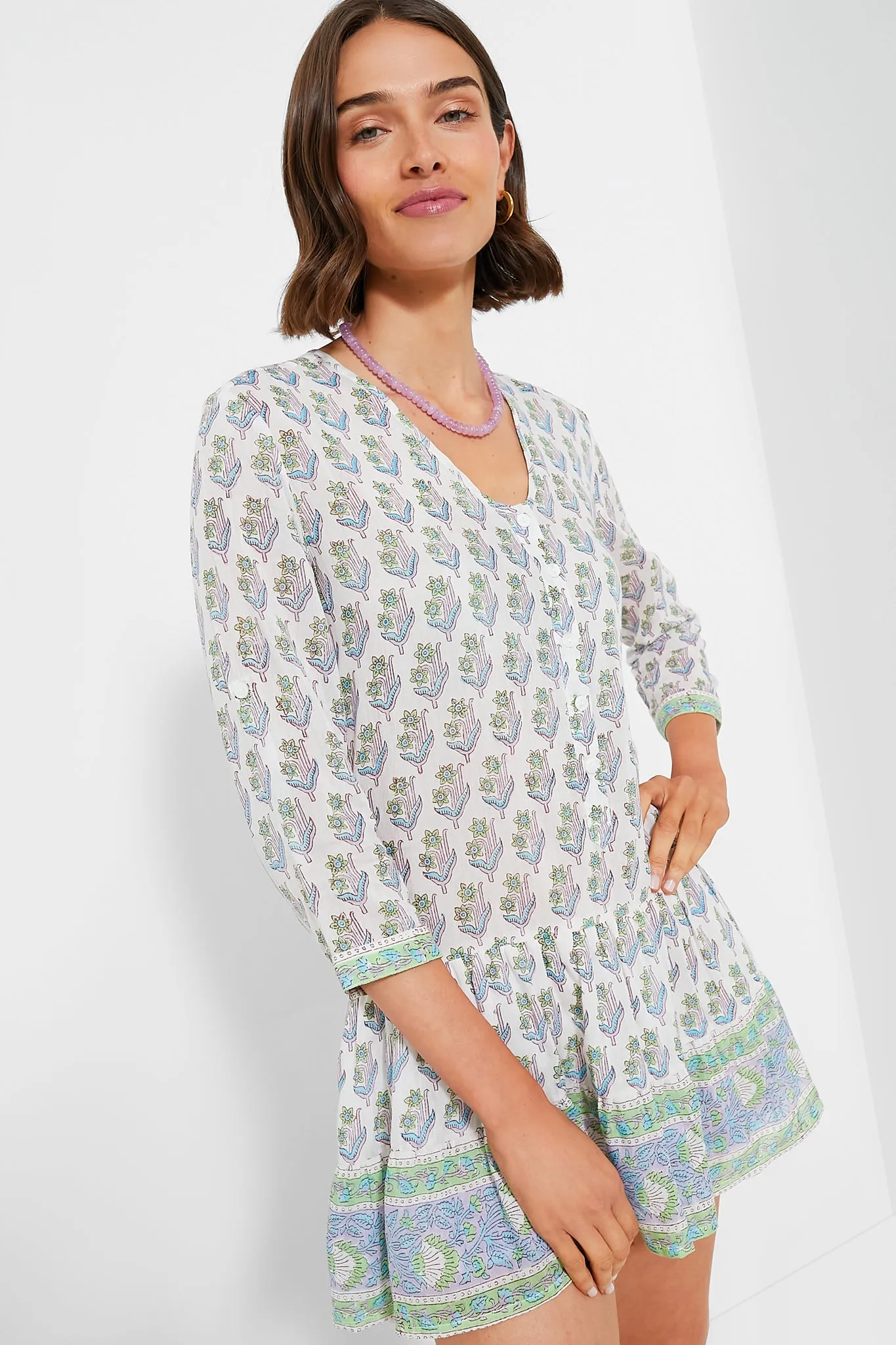 Green Turquoise Print Popover Flounce Dress