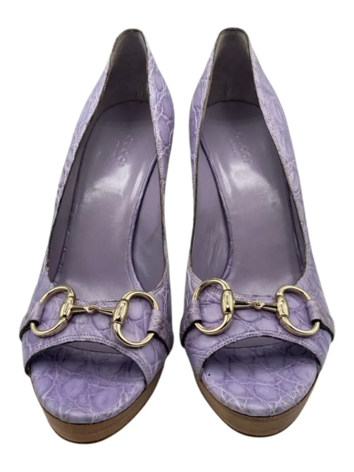 Gucci Shoe Size 9.5 Purple Leather Blend Peep Toe Horsebit Peep Toe Pumps