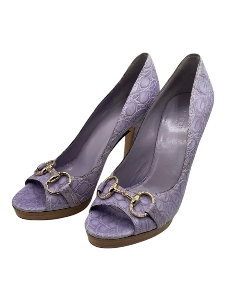 Gucci Shoe Size 9.5 Purple Leather Blend Peep Toe Horsebit Peep Toe Pumps