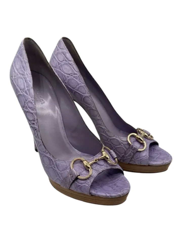 Gucci Shoe Size 9.5 Purple Leather Blend Peep Toe Horsebit Peep Toe Pumps