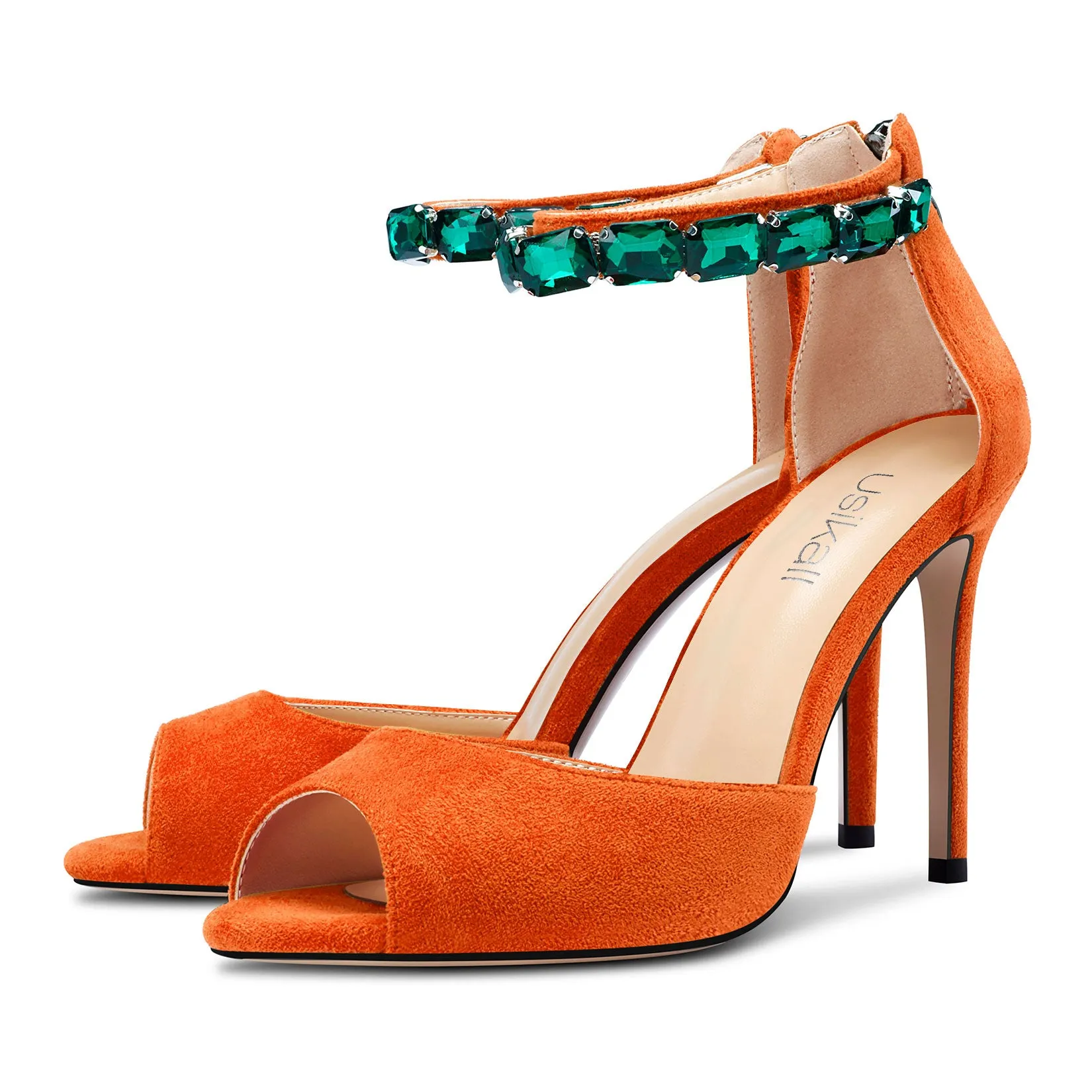 Ladies High Heels Stiletto Pumps Ankle-Strap with Gemstone Peep-toe Sandals Suede 4 Inches Heel