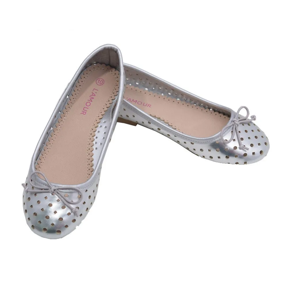 Little Big Kids Girls Silver Perforated Bow Ballet Flats 11-4 Kids